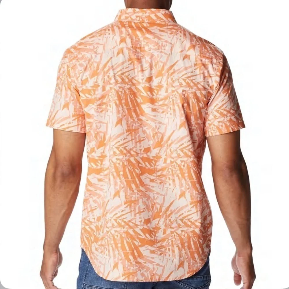 Men's Orange Tropical Vacation Short Sleeve Button Down Relaxed Shirt Size Large